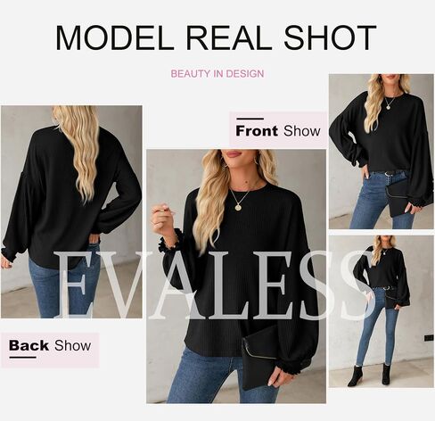 EVALESS Womens Fall Tops Cute Lantern Sleeve Shirts Basic Crewneck Blouses for Women Dressy Casual Outfits Trendy 2024 in Saudi Arabia