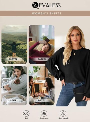 EVALESS Womens Fall Tops Cute Lantern Sleeve Shirts Basic Crewneck Blouses for Women Dressy Casual Outfits Trendy 2024 in Saudi Arabia