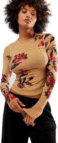 Women's Double-Layer Floral Print Mesh Tops Long Sleeve Sheer Blouse Slim Fit T-Shirts in Saudi Arabia
