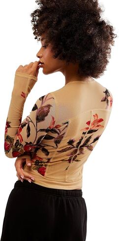 Women's Double-Layer Floral Print Mesh Tops Long Sleeve Sheer Blouse Slim Fit T-Shirts in Saudi Arabia