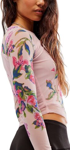 Women's Double-Layer Floral Print Mesh Tops Long Sleeve Sheer Blouse Slim Fit T-Shirts in Saudi Arabia