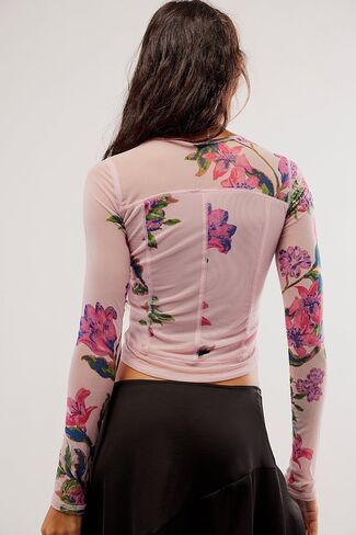 Women's Double-Layer Floral Print Mesh Tops Long Sleeve Sheer Blouse Slim Fit T-Shirts in Saudi Arabia