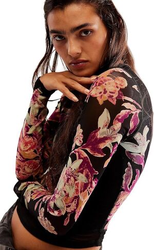 Women's Double-Layer Floral Print Mesh Tops Long Sleeve Sheer Blouse Slim Fit T-Shirts in Kuwait