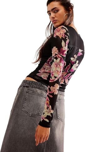 Women's Double-Layer Floral Print Mesh Tops Long Sleeve Sheer Blouse Slim Fit T-Shirts in Kuwait