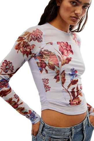 Women's Double-Layer Floral Print Mesh Tops Long Sleeve Sheer Blouse Slim Fit T-Shirts in Saudi Arabia
