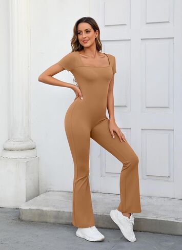 قطعة واحدة من بذلات مضيئة للنساء برقبة مربعة وبنطلون واسع الساق وطول كامل قابل للتمدد in Kuwait