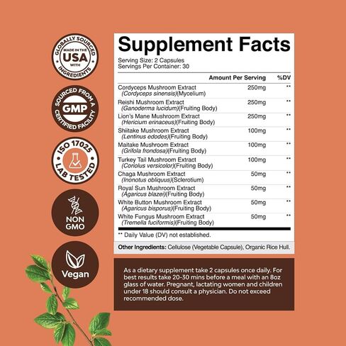 Extra Strength Mushroom Complex Capsules - 10X Lions Mane Mushroom Supplement Capsules with Reishi Chaga Cordyceps & More - 1330mg Adaptogenic Mushroom Nootropics Brain Support Supplement (2 Months) in Kuwait