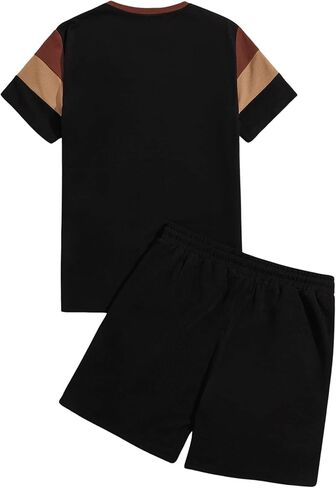 WDIRARA Men's 2 Piece Outfits Letter Print Color Block Tee and Drawstring Shorts Set in Kuwait