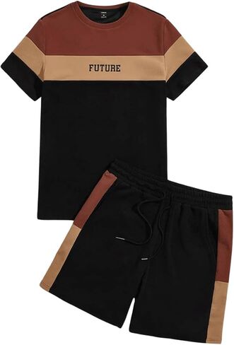 WDIRARA Men's 2 Piece Outfits Letter Print Color Block Tee and Drawstring Shorts Set in Kuwait