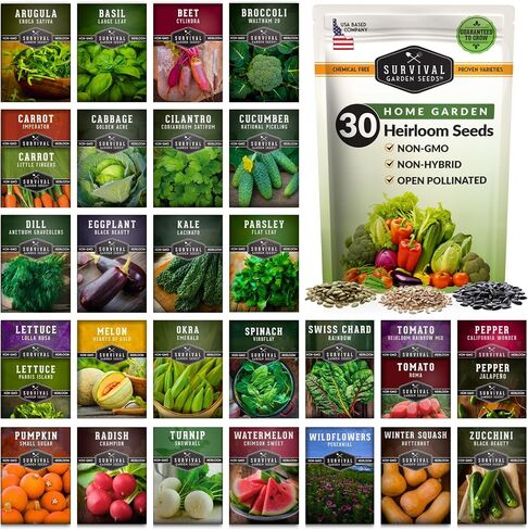 مجموعة بذور Survival Garden Home Garden - 30 عبوة تحتوي على 18,500+ خضروات غير معدلة وراثيًا وفواكه وبذور أعشاب للزراعة - زراعة ونمو أغذية البقاء على قيد الحياة ومعدات الاستعداد للطوارئ in Kuwait