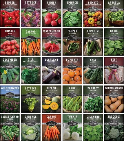 مجموعة بذور Survival Garden Home Garden - 30 عبوة تحتوي على 18,500+ خضروات غير معدلة وراثيًا وفواكه وبذور أعشاب للزراعة - زراعة ونمو أغذية البقاء على قيد الحياة ومعدات الاستعداد للطوارئ in Kuwait