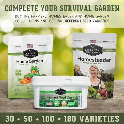مجموعة بذور Survival Garden Home Garden - 30 عبوة تحتوي على 18,500+ خضروات غير معدلة وراثيًا وفواكه وبذور أعشاب للزراعة - زراعة ونمو أغذية البقاء على قيد الحياة ومعدات الاستعداد للطوارئ in Kuwait