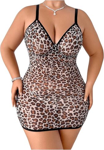 MakeMeChic Women's Plus Size Mesh Leopard Print V Neck Underwire Nightgowns Lace Up Babydoll Chemise Lingerie Dress in Saudi Arabia