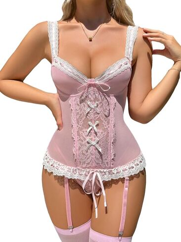 WDIRARA Women's 4 Pieces Lace Mesh Bow Front Garter Bustier Lingerie Set with Thong and Stockings in Saudi Arabia