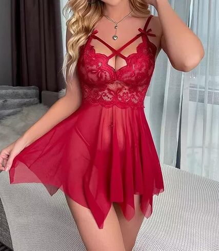 Women Lace Babydoll lingerie Strap Mesh Teddy Lingerie Sexy Boudoir Outfits Nightgown in Saudi Arabia