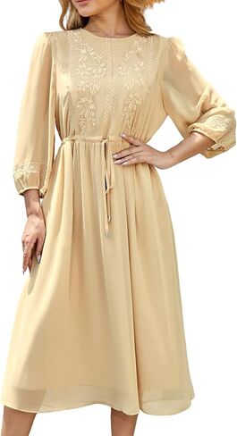 Women's Casual 3/4 Sleeve Fall Floral-Embroidered Long Dress Crew Neck Flowy Swing Dress with Pockets in Saudi Arabia