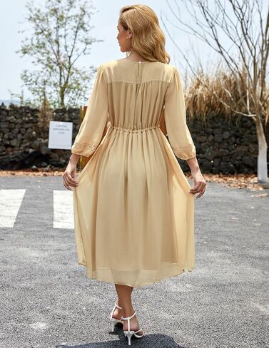 Women's Casual 3/4 Sleeve Fall Floral-Embroidered Long Dress Crew Neck Flowy Swing Dress with Pockets in Saudi Arabia