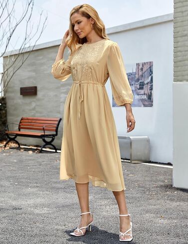 Women's Casual 3/4 Sleeve Fall Floral-Embroidered Long Dress Crew Neck Flowy Swing Dress with Pockets in Saudi Arabia