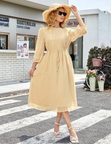 Women's Casual 3/4 Sleeve Fall Floral-Embroidered Long Dress Crew Neck Flowy Swing Dress with Pockets in Saudi Arabia