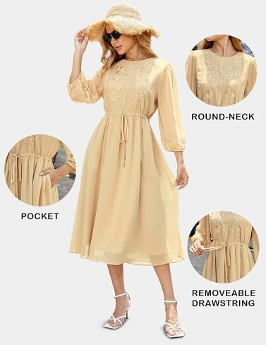 Women's Casual 3/4 Sleeve Fall Floral-Embroidered Long Dress Crew Neck Flowy Swing Dress with Pockets in Saudi Arabia