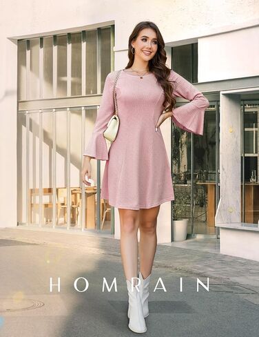 فستان HomRain نسائي كاجوال منسوج فساتين الخريف فستان طويل الأكمام على شكل جرس فساتين على شكل حرف a للنساء 2024 فستان سترة بياقة دائرية in Saudi Arabia