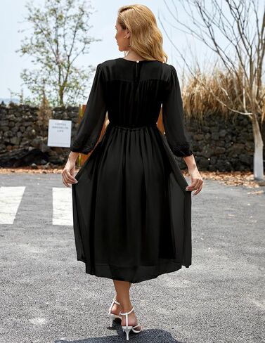 Women's Casual 3/4 Sleeve Fall Floral-Embroidered Long Dress Crew Neck Flowy Swing Dress with Pockets in Saudi Arabia