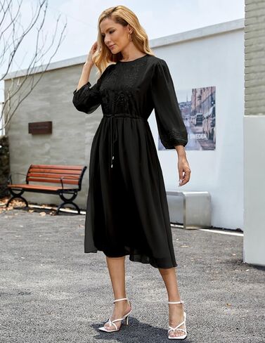 Women's Casual 3/4 Sleeve Fall Floral-Embroidered Long Dress Crew Neck Flowy Swing Dress with Pockets in Saudi Arabia