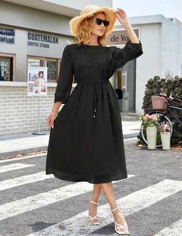 Women's Casual 3/4 Sleeve Fall Floral-Embroidered Long Dress Crew Neck Flowy Swing Dress with Pockets in Saudi Arabia