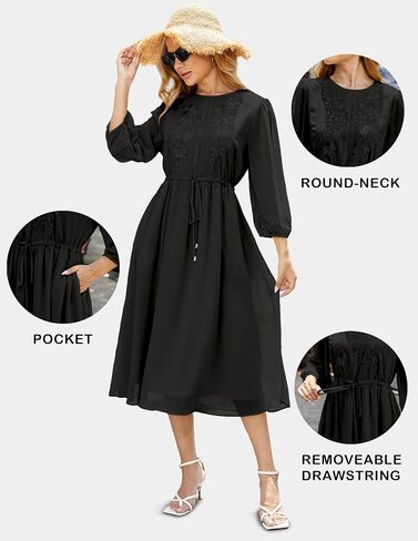 Women's Casual 3/4 Sleeve Fall Floral-Embroidered Long Dress Crew Neck Flowy Swing Dress with Pockets in Saudi Arabia