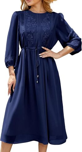 فستان نسائي كاجوال 3/4 كم خريفي، فستان طويل مطرز بالورود، رقبة دائرية، فستان متأرجح مع جيوب in Kuwait