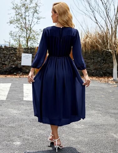 فستان نسائي كاجوال 3/4 كم خريفي، فستان طويل مطرز بالورود، رقبة دائرية، فستان متأرجح مع جيوب in Kuwait