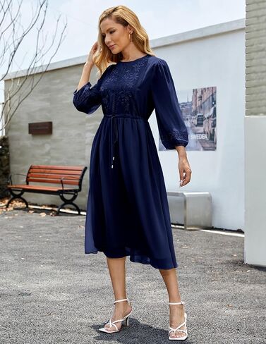 فستان نسائي كاجوال 3/4 كم خريفي، فستان طويل مطرز بالورود، رقبة دائرية، فستان متأرجح مع جيوب in Kuwait