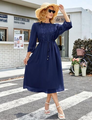 فستان نسائي كاجوال 3/4 كم خريفي، فستان طويل مطرز بالورود، رقبة دائرية، فستان متأرجح مع جيوب in Kuwait