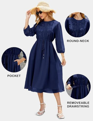 فستان نسائي كاجوال 3/4 كم خريفي، فستان طويل مطرز بالورود، رقبة دائرية، فستان متأرجح مع جيوب in Kuwait