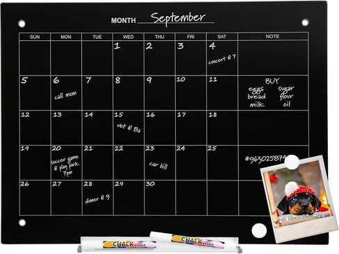 Sunnydaze Glass Calendar Dry Erase Board for Wall with Markers - Glass Magnetic Whiteboard for Home or Office - 23" W x 17" H Black in Saudi Arabia