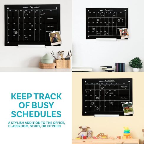 Sunnydaze Glass Calendar Dry Erase Board for Wall with Markers - Glass Magnetic Whiteboard for Home or Office - 23" W x 17" H Black in Saudi Arabia