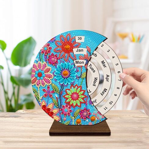 BAYUNOE 2Pcs Perpetual Desk Calendar Ornament DIY Diamond Art Painting Wooden Round Rotatable Calendar with Circular Dial to Set Dates Tabletop Ornaments for Home Decoration-01 in Saudi Arabia