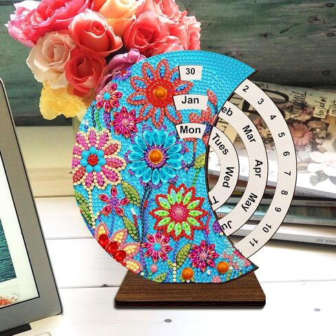 BAYUNOE 2Pcs Perpetual Desk Calendar Ornament DIY Diamond Art Painting Wooden Round Rotatable Calendar with Circular Dial to Set Dates Tabletop Ornaments for Home Decoration-01 in Saudi Arabia