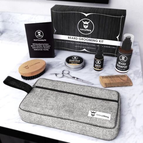 Striking Viking Beard Grooming Kit with Caddy, Beard Care Oil and Balm, Beard Shampoo, Wooden Comb, Beard Brush, & Trimming Scissors - 7 Piece Beard Gift for Men Him Dad in Saudi Arabia