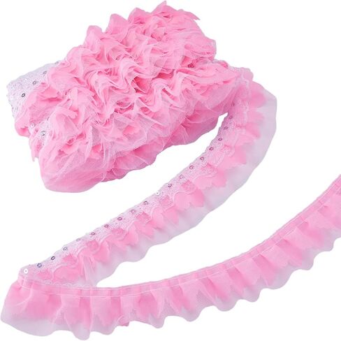 GORGECRAFT 10m x 50mm Multi-Layer Pink Ruffled Tulle Trim 3-Layer Pleated Chiffon Lace Trim with Sequins Embroidered Gathered Edging Trimmings Fabric Ribbon for DIY Sewing Crafts Costume Decor in Saudi Arabia