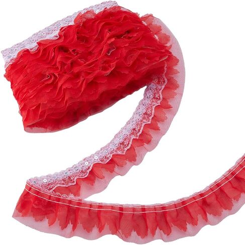 GORGECRAFT 10m x 50mm Multi-Layer Pink Ruffled Tulle Trim 3-Layer Pleated Chiffon Lace Trim with Sequins Embroidered Gathered Edging Trimmings Fabric Ribbon for DIY Sewing Crafts Costume Decor in Saudi Arabia