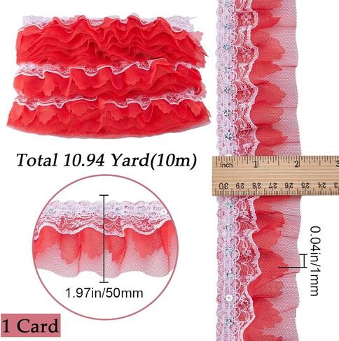 GORGECRAFT 10m x 50mm Multi-Layer Pink Ruffled Tulle Trim 3-Layer Pleated Chiffon Lace Trim with Sequins Embroidered Gathered Edging Trimmings Fabric Ribbon for DIY Sewing Crafts Costume Decor in Saudi Arabia