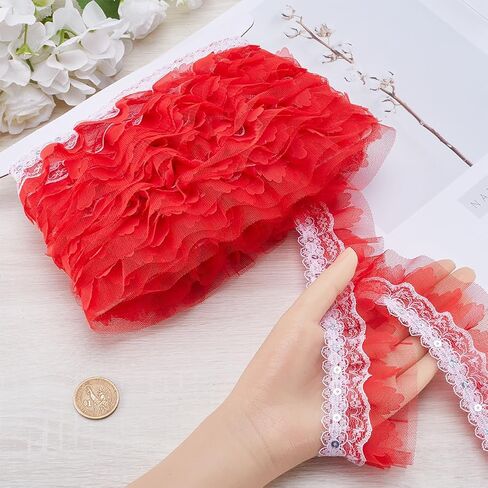 GORGECRAFT 10m x 50mm Multi-Layer Pink Ruffled Tulle Trim 3-Layer Pleated Chiffon Lace Trim with Sequins Embroidered Gathered Edging Trimmings Fabric Ribbon for DIY Sewing Crafts Costume Decor in Saudi Arabia