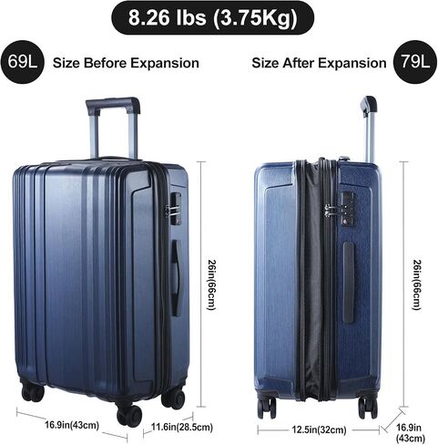 24 Inch Hardside Expandable Luggage, Checked Medium Luggage with TSA Lock & Spinner Silent Wheels, Lightweight ABS+PC Hardshell Suitcase, Dark Blue in Saudi Arabia