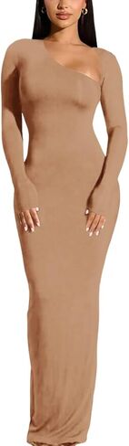 Yanfoam Women's Sexy Bodycon Long Sleeve Skew Collar Ribbed Party Club Basic Maxi Dress in Kuwait