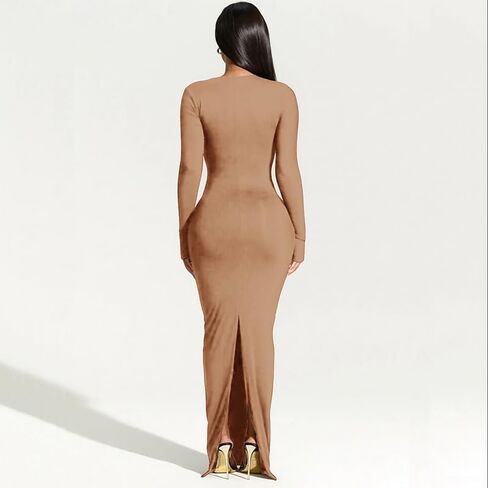 Yanfoam Women's Sexy Bodycon Long Sleeve Skew Collar Ribbed Party Club Basic Maxi Dress in Kuwait