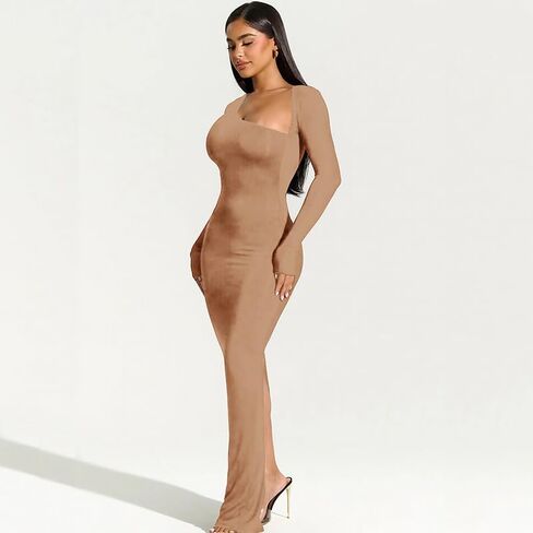 Yanfoam Women's Sexy Bodycon Long Sleeve Skew Collar Ribbed Party Club Basic Maxi Dress in Kuwait