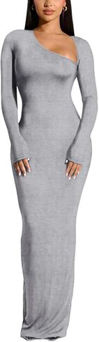 Yanfoam Women's Sexy Bodycon Long Sleeve Skew Collar Ribbed Party Club Basic Maxi Dress in Kuwait