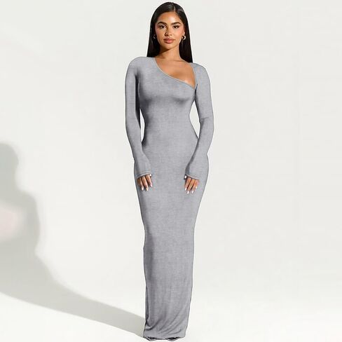 Yanfoam Women's Sexy Bodycon Long Sleeve Skew Collar Ribbed Party Club Basic Maxi Dress in Kuwait