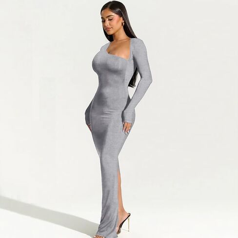 Yanfoam Women's Sexy Bodycon Long Sleeve Skew Collar Ribbed Party Club Basic Maxi Dress in Kuwait